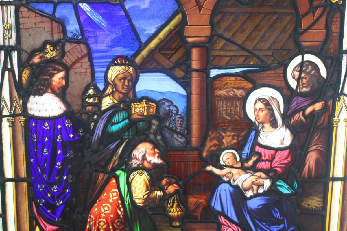 1 Gothic - style Stained Glass Window. Nativity Scene.