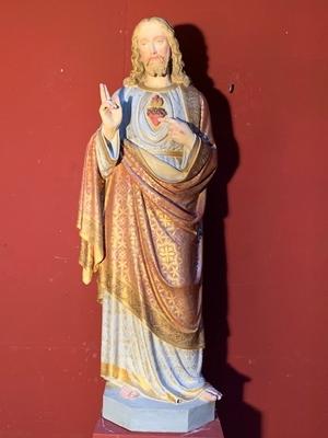 Statue Sacred Heart style Gothic - style en Terra - Cotta Polychrome, France 19th century