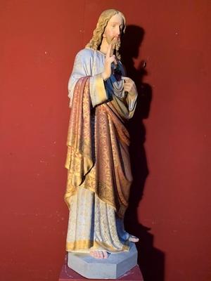 Statue Sacred Heart style Gothic - style en Terra - Cotta Polychrome, France 19th century