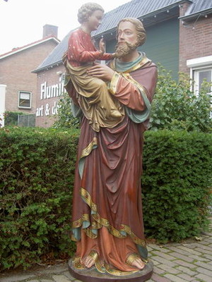 Statue St.Joseph style Gothic - Style en Plaster polychrome, Belgium  19 th century ( Anno 1864 )