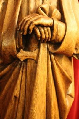 Statue St. Paul style Gothic - style en hand-carved wood Oak, Belgium 19th century