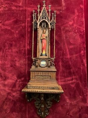 Unique Home-Altar With Ex Ossibus Relic Of Duke Henri Ii The Pious Of Silesia – Poland St. Mary Added Later / With Hand-Written Document Inside  style Gothic - style en hand-carved wood , Germany - Poland RELIC 18TH CENTURY / HOMEALTAR GIFT IN 1860