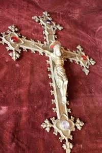 Wall Cross style Gothic - style en Brass / Bronze / Semi Precious Stones, Belgium 19th century