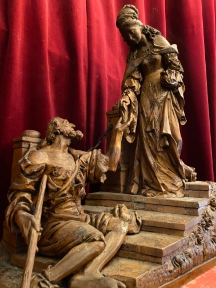1 Gothic - style Wood Carved Statue Of Saint Elizabeth Giving A Coin With Her Right Hand To The Left Hand Of Beggar As Charity Gesture