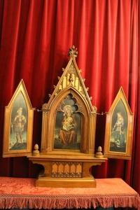 Tryptich With Paintings ( Painted On Panel ) style Gothic en Wood walnut, France 19th century