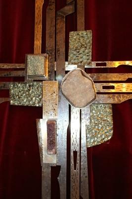 High Quality Totally Hand-Made Cross Special Designed For Hospital-Chapel At Nijmegen – Holland. Applications & Elements In Rock-Crystal, Amethist & More.  Anno About 1965. Dutch 20th century