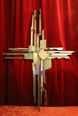 High Quality Totally Hand-Made Cross Special Designed For Hospital-Chapel At Nijmegen – Holland. Applications & Elements In Rock-Crystal, Amethist & More.  Anno About 1965. Dutch 20th century