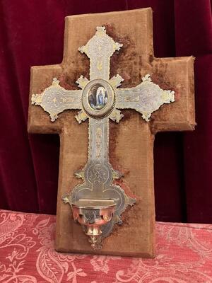 Holy Water Font en Brass / Fabrics / Porcelain Plaque, France 19 th century