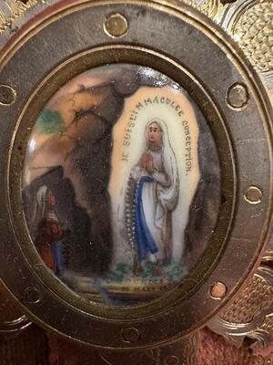 Holy Water Font en Brass / Fabrics / Porcelain Plaque, France 19 th century