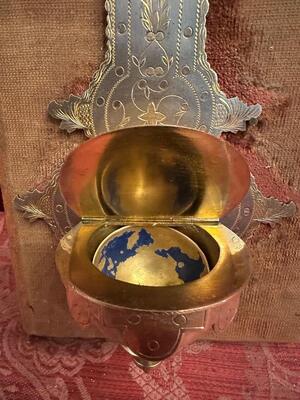 Holy Water Font en Brass / Fabrics / Porcelain Plaque, France 19 th century
