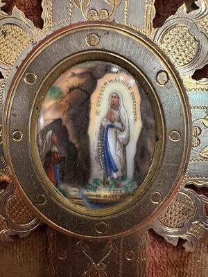 Holy Water Font en Brass / Fabrics / Porcelain Plaque, France 19 th century
