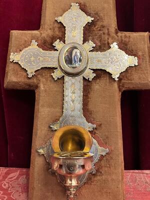 Holy Water Font en Brass / Fabrics / Porcelain Plaque, France 19 th century