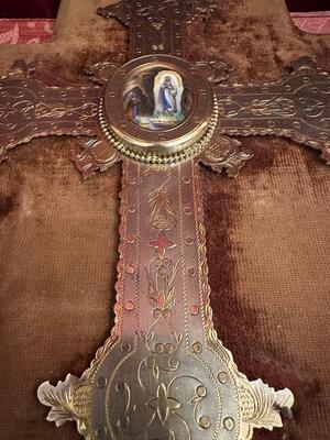 Holy Water Font en Brass / Fabrics / Porcelain Plaque, France 19 th century