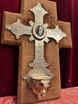 Holy Water Font en Brass / Fabrics / Porcelain Plaque, France 19 th century