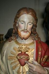 Life-Size Statue Sacred Heart  en Terra-Cotta polychrome, France 19th century