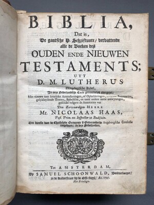 Luther Bible; Nicolaas Haas/Samuel Schoonwald 1725. Old & New Testament en Leather / Paper / Brass Locks, Amsterdam Netherlands  18 th century