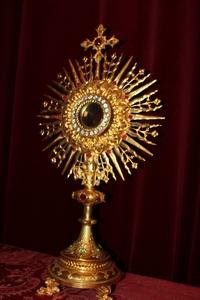 Monstrance With Original Lunula. River Stones  en Brass / Gilt, France 19th century