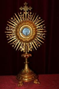 Monstrance With Original Lunula. River Stones  en Brass / Gilt, France 19th century