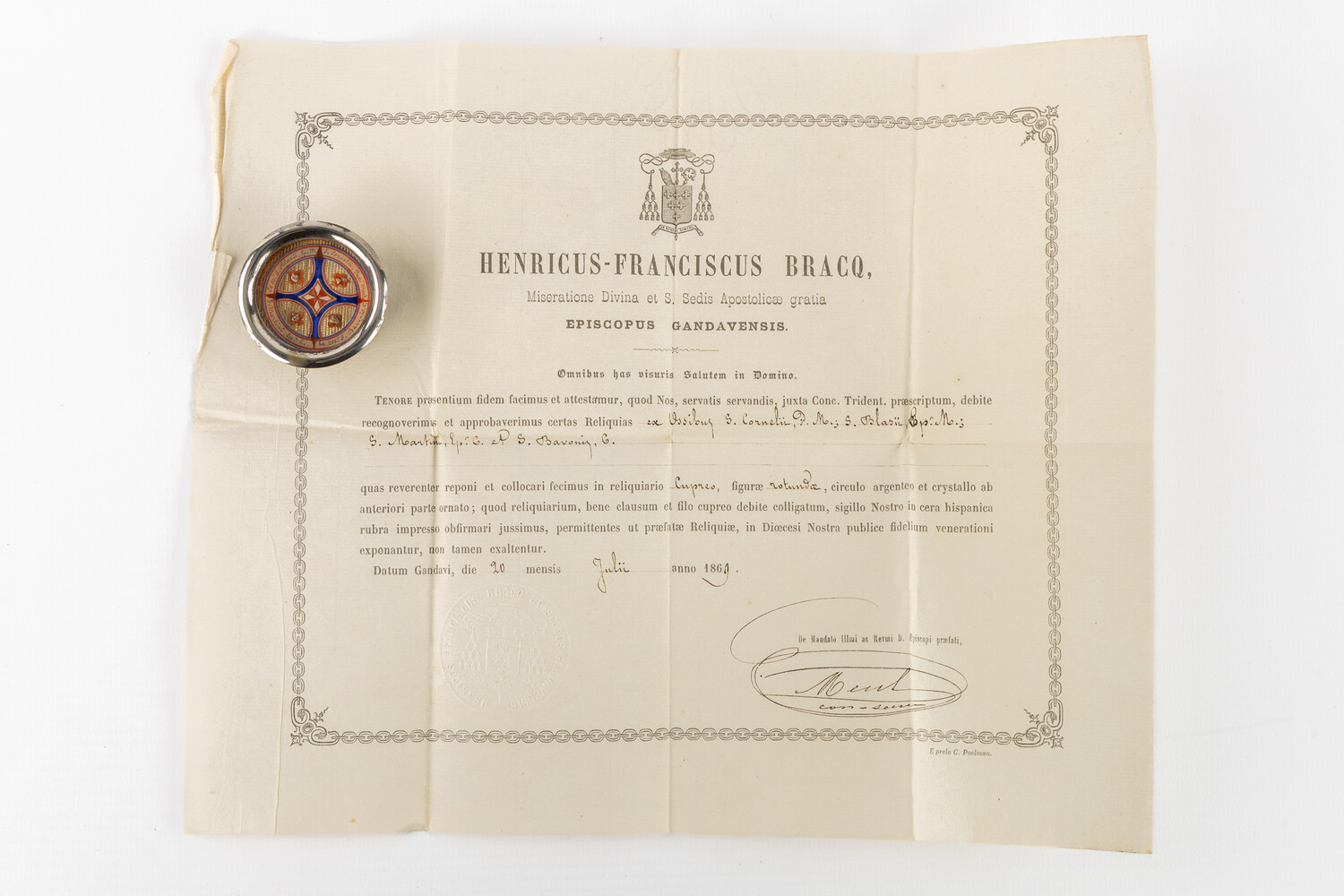 1  Multi Reliquary Ex Ossibus Relics : S. Cornelii Pap,S. Blassi Ep, S. Martini Ep, S. Bavonis C. With Original Document