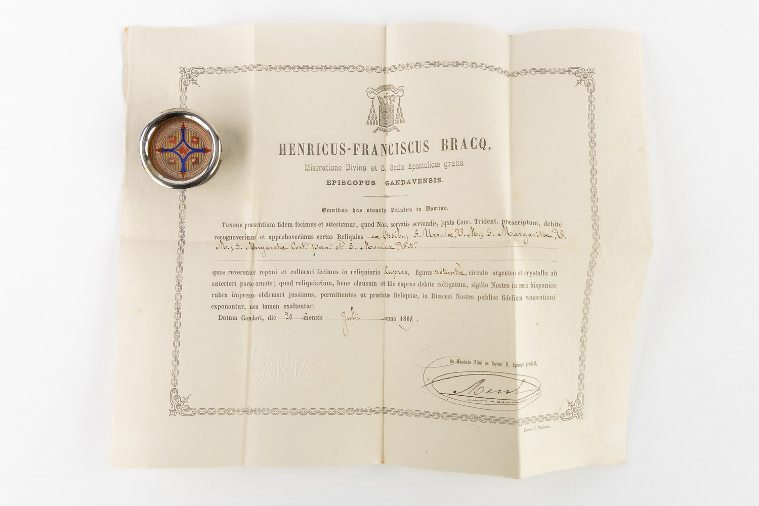 1  Multi Reliquary Ex Ossibus Relics : St. Ursula, St. Margaretha Of Antiochië, St. Margaretha Of Cortona, St. Monica With Original Document