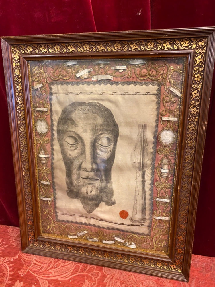 1  Multiple Reliquary - ( 21 ) Relics Ex Ossibus Around The Shrud Of Turin Imagination On Silk Frame Inlaid With Copper. Originally Sealed. Wax Medallions.