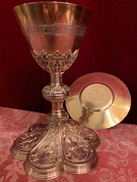 1 Neo Classicistic Chalice With Original Paten & Spoon And Documentation. At The Bottem Engraved