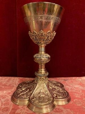 Chalice With Original Paten & Spoon And Documentation. At The Bottem Engraved style Neo Classicistic en Full - Silver, Belgium 19th century