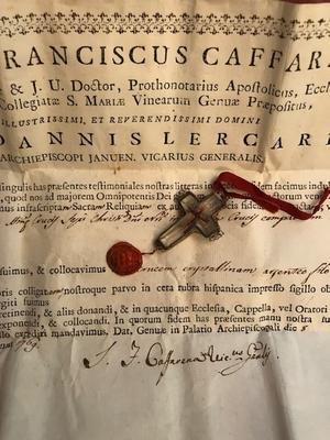 1  Originally Sealed Relic Ex Ligno S. Crucis Dnjc Rock - Crystal Cross In Silver Frame With Original Document