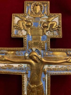 Large-Russian-Brass-Crucifixion-Cross style Orthodox Byzantine en Brass / Bronze / Enamel, Moscow Regiona 19 th century