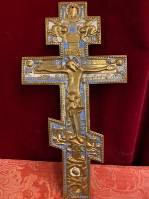 Large-Russian-Brass-Crucifixion-Cross style Orthodox Byzantine en Brass / Bronze / Enamel, Moscow Regiona 19 th century