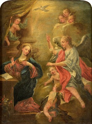 Painting Annunciation  en Painted on Linen, 18 th century