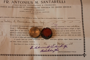 Relic St. Bernardini Ex Habitu With Document Belgium 19th century