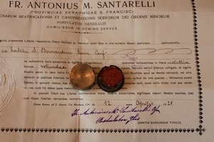 Relic St. Bernardini Ex Habitu With Document Belgium 19th century