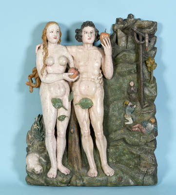 Relief Adam & Eve  en Carved Wood Polychrome, Southern Germany 20th century