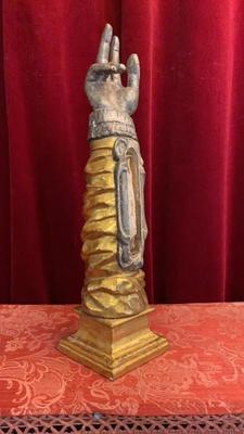 Reliquary - Arm Relic Ex Ossibus St. Ignatii Loyola en Hand - Carved Wood Polychrome , Italy  18 th century ( Anno 1735 )