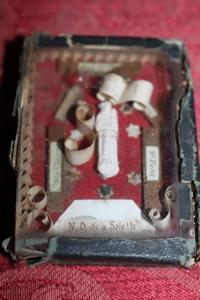 Reliquary Box. Carved St. Mary Image. Relics Of : St. Clara / Clair, N.D. De La Salette, St. Coleta, St. Felix, Agnus Dei. France 19th century