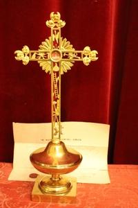 Reliquary - Cross Relic Of The True Cross Originally Sealed With Documentation en Brass / Bronze, Belgium 19th century ( 1865)