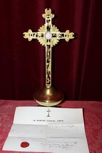 Reliquary - Cross Relic Of The True Cross Originally Sealed With Documentation en Brass / Bronze, Belgium 19th century ( 1865)