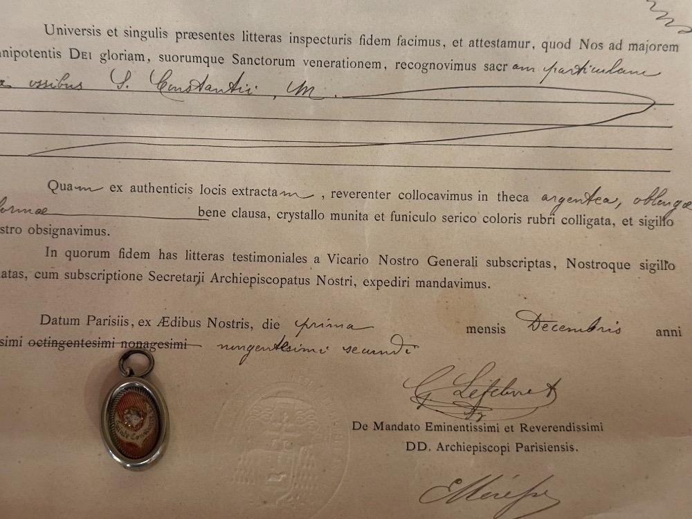 1  Reliquary - First Class Relic Ex Ossibus St. Constansia With Original Document