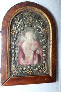 Reliquary Of The True Cross / Chained Christ Handpainted en Wood - Framed, Germany 17th century