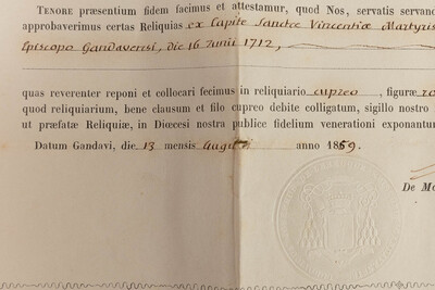 Reliquary - Relic Ex Capite Sanctae Vincentiae Martyris  With Original Document en Brass / Glass / Wax Seal, Belgium  19 th century