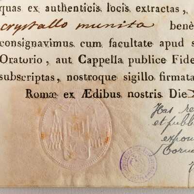 Reliquary - Relic Ex Columna Flagellationis D.N.J.C. With Original Document en Brass / Glass / Wax Seal, Belgium  19 th century ( Anno 1843 )