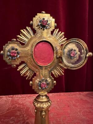 Reliquary - Relic Ex Ligno S. Crucis D.N.J.C. With Original Case en Bronze / Gilt / Stones / Glass, Italy 19 th century ( Anno 1875 )