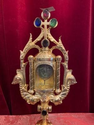 Reliquary - Relic Ex Ligno S. Crucis With 12 Apostles en Bronze / Polished / New Varnished / Stones / Glass / Wax Seal, France 18th century