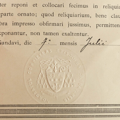 Reliquary - Relic Ex Ossibus Bernardus Abbot With Original Document en Brass / Glass / Wax Seal, Belgium  19 th century