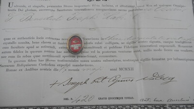 Reliquary - Relic Ex Ossibus Joseph Labre With Original Document 19th century