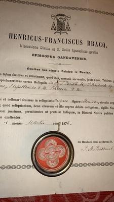 Reliquary Relic Ex Ossibus S. Donati M. S. Huberti Ep. S. Rochi Con. S. Aloysii Gonz. S. Apolloniae V.M. S. Luciae V.M. en Brass / Glass / Originally Sealed, Gent - Belgium 19th century ( anno 1876 )