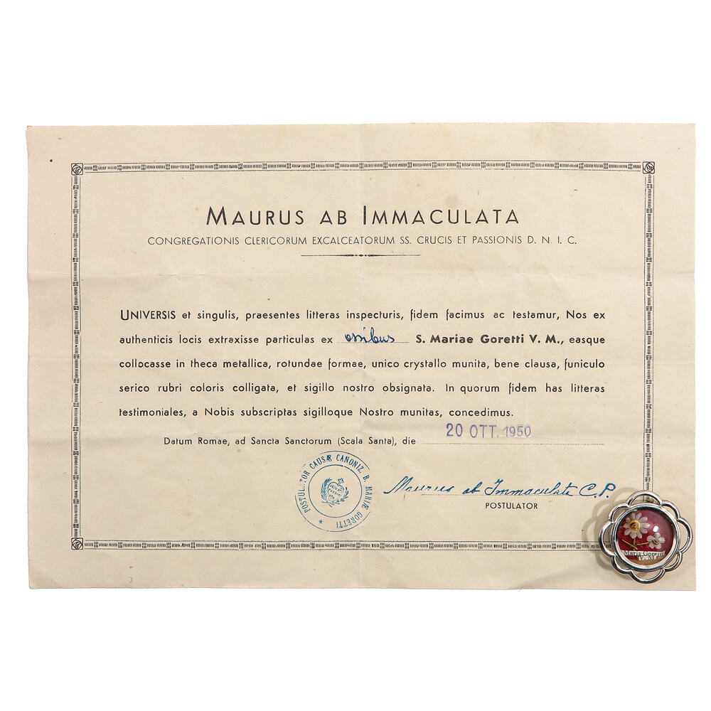 1  Reliquary - Relic Ex Ossibus Saint Maria Goretti, Virgin And Martyr (Patroness Of Youth, Chastity, And Victims Of Sexual Violence) With Original Document