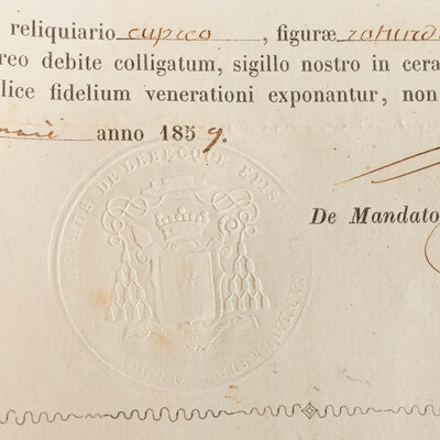 Reliquary - Relic Ex Ossibus Sancae Modeste Martyris. With Original Document en Brass / Glass / Wax Seal, Belgium  19 th century ( Anno 1859 )