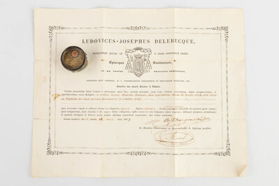 Reliquary - Relic Ex Ossibus Sancae Modeste Martyris. With Original Document en Brass / Glass / Wax Seal, Belgium  19 th century ( Anno 1859 )
